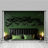 Aperturee Aperturee Modern Halloween Headboard Photography Backdrop Green Wall with Black Bats and Spiderwebs Spooky Bedroom Decor
